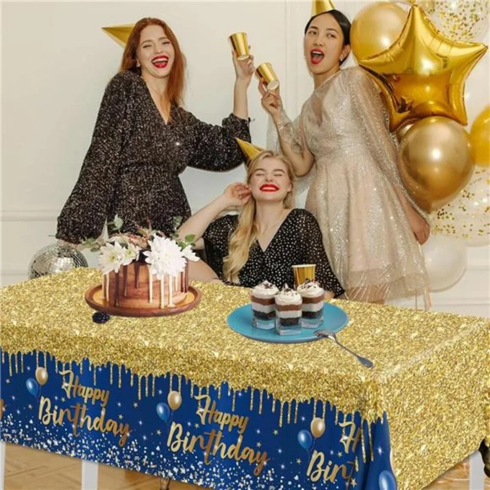 Happy Birthday Tablecloth 3 Pack Navy Blue Gold Party Table Covers for Adults